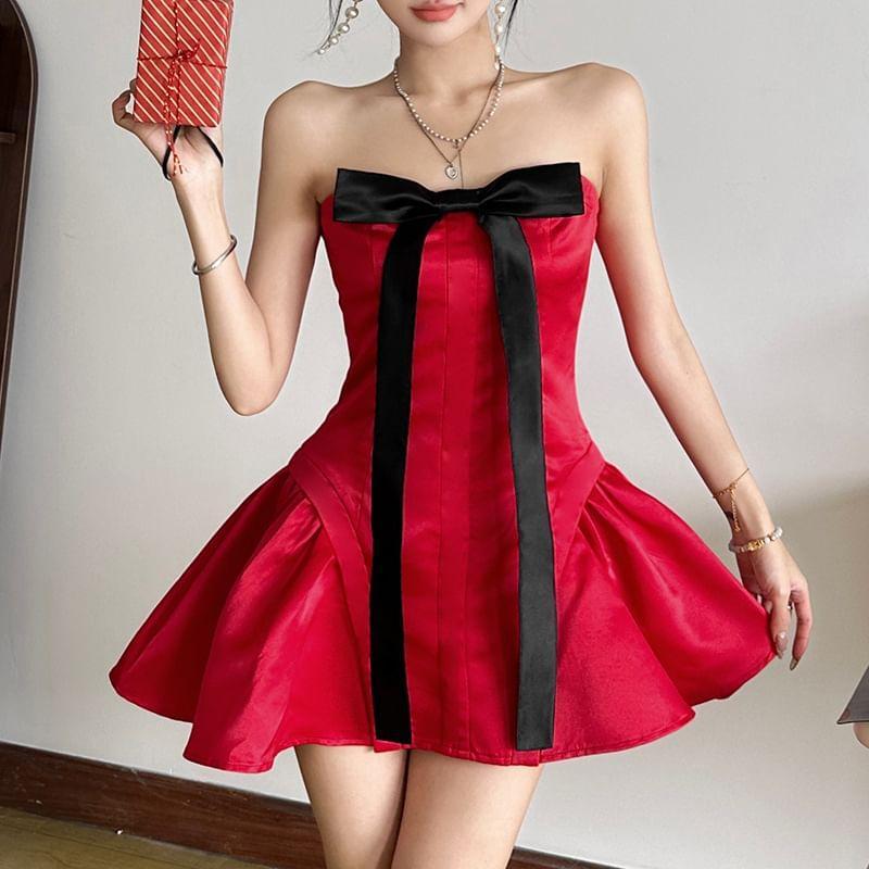 Bow Panel Satin Mini A-Line Tube Dress Product Image