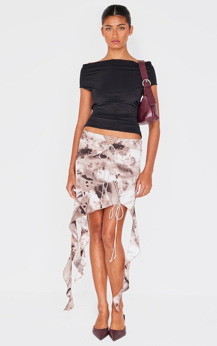 Brown Abstract Print Handkerchief Hem Skirt Product Image