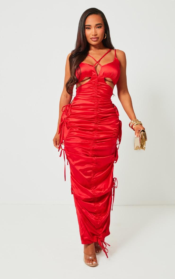 Shape Red Satin Ruched Strappy Detail Maxi Dress Product Image