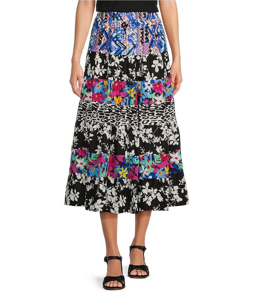 Calessa Tiered Mixed Print Pull-On Midi Skirt product image