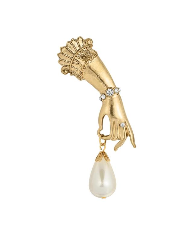 1928 Gold Tone Ladys Hand Pin with Simulated Pearl & Crystal Accents, Womens, White Product Image