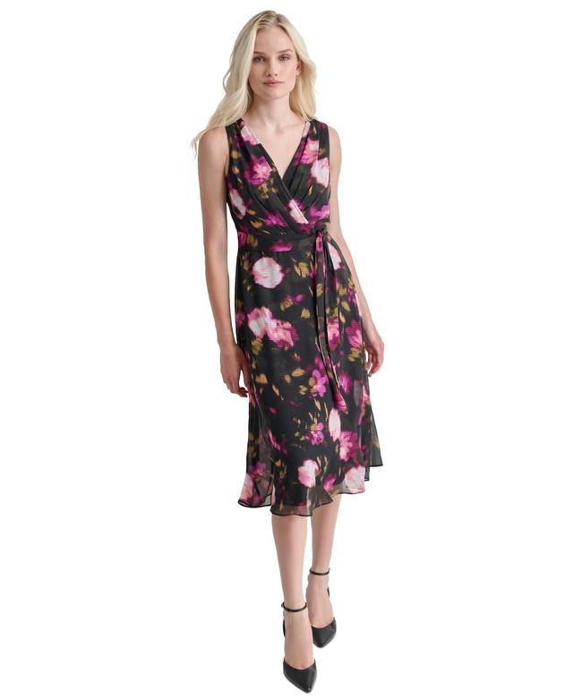 Dkny Womens Floral V-Neck Belted Sleeveless Dress Product Image