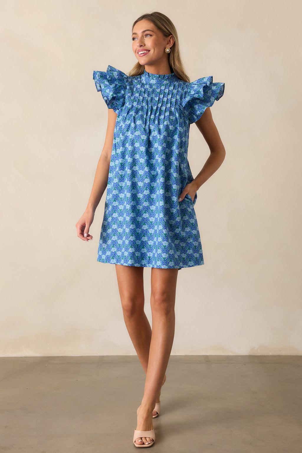 Daisy Drift Cotton Navy Floral Flutter Sleeve Mini Dress Product Image