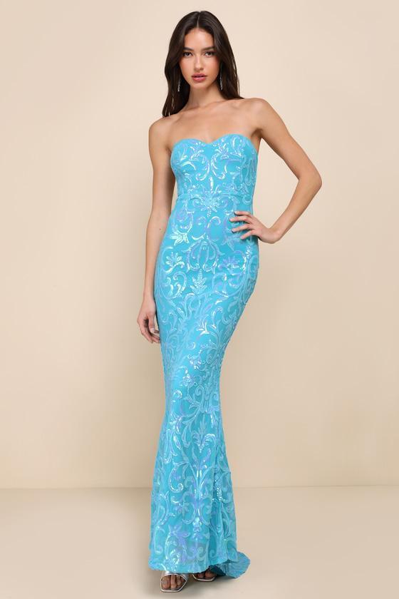 Glam Aura Blue Iridescent Sequin Strapless Maxi Dress Product Image