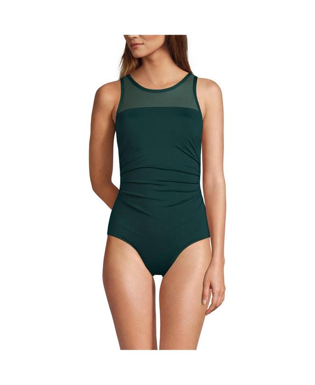 Lands End Womens Long Chlorine Resistant Smoothing Control Mesh High Neck One Piece Swimsuit Product Image