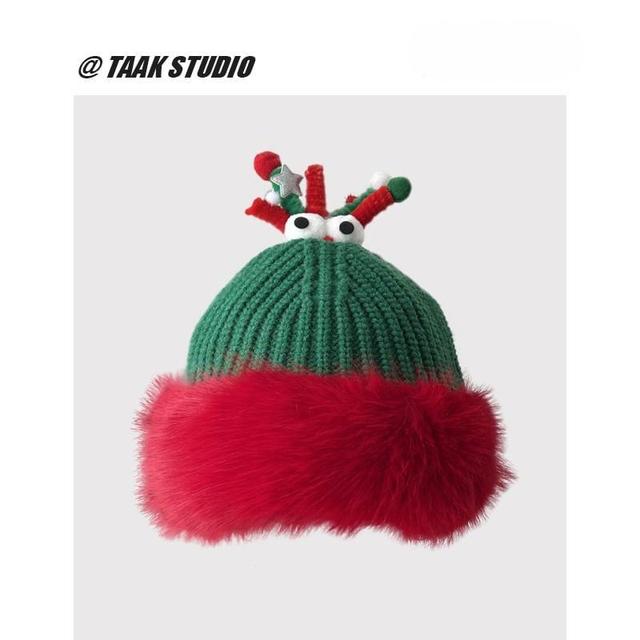 Christmas Deer Horn Chenille Knit Beanie Product Image