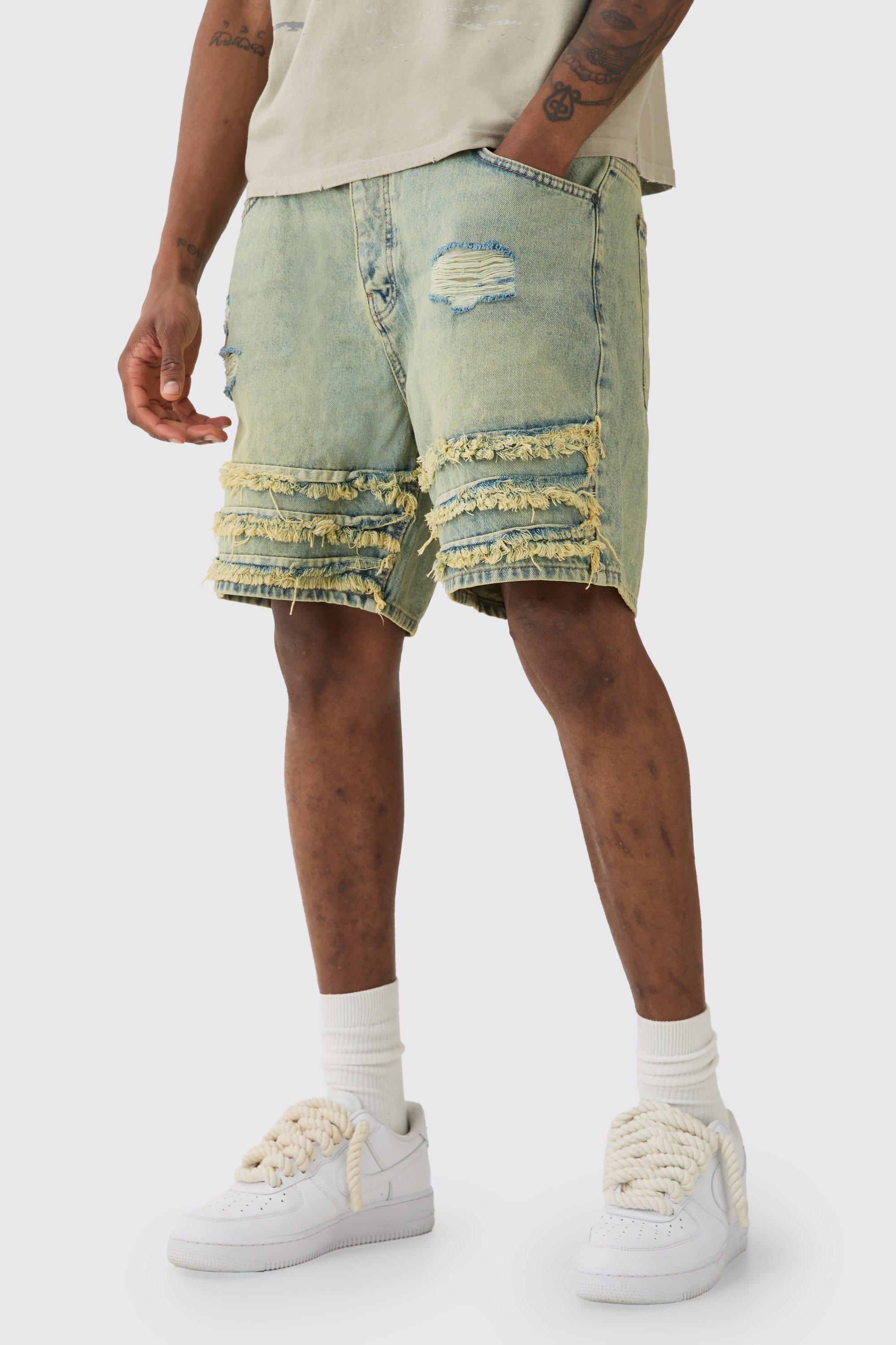 Relaxed Rigid Distresssed Denim Shorts In Antique Blue | boohooMAN USA Product Image