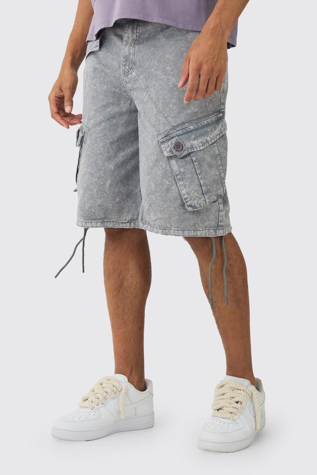 Mens Grey Fixed Waist Washed Cargo Jort, Grey Product Image