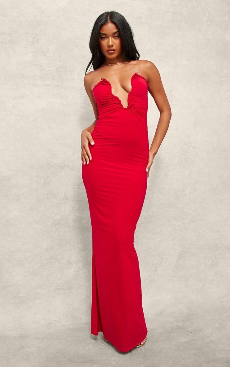 Red Soft Touch Plunge Trim Detail Bandeau Maxi Dress Product Image