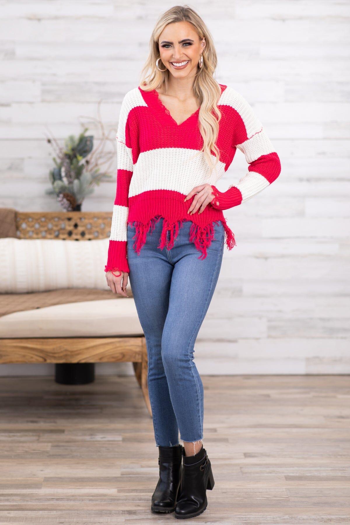 Raspberry and Ivory Fringe Hem Stripe Sweater Product Image