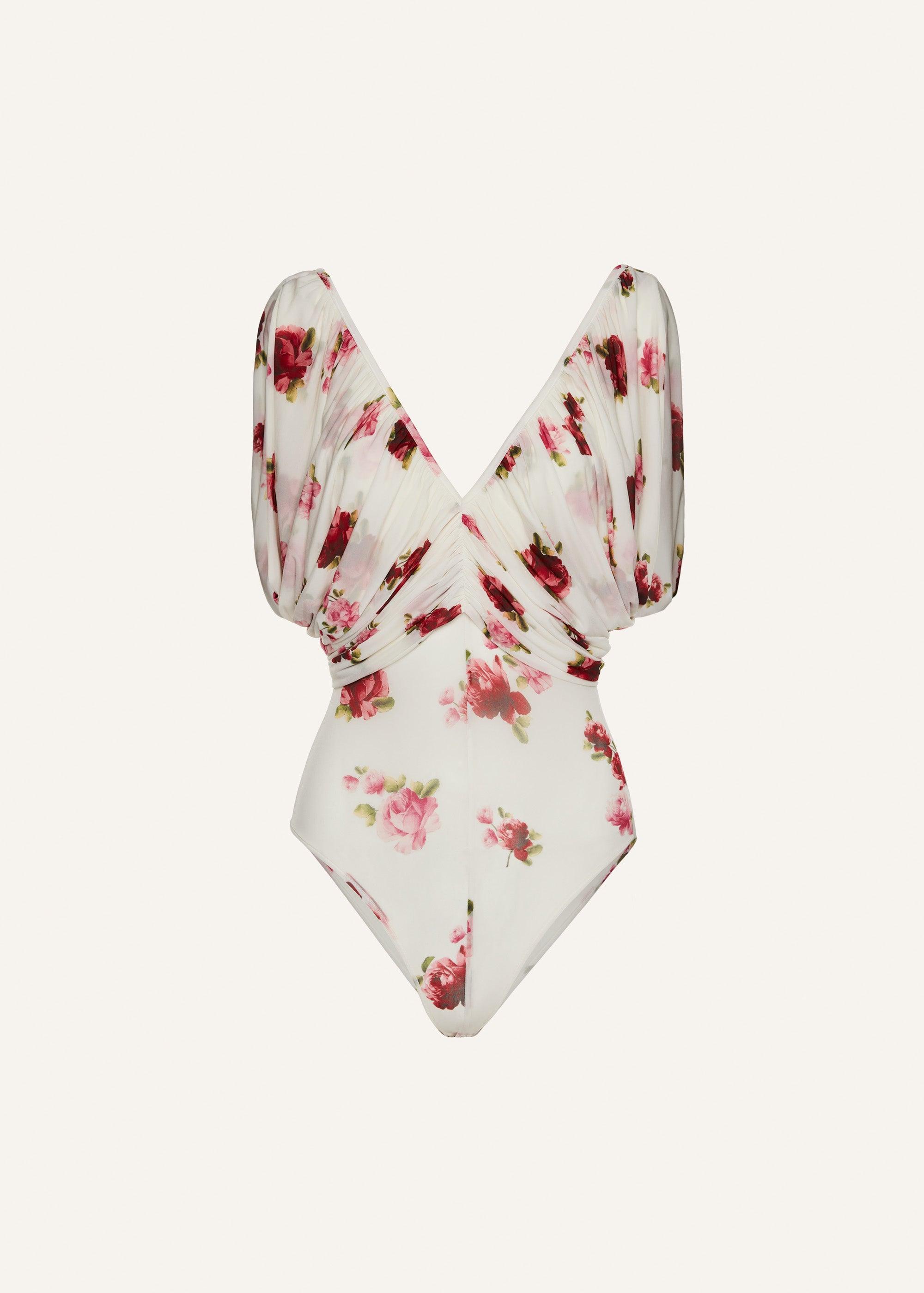 Ruched v neck bodysuit in cream print Product Image