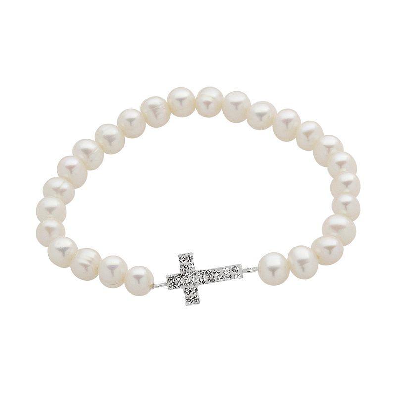 Sterling Silver Freshwater Cultured Pearl and Crystal Stretch Bracelet, Womens White Product Image