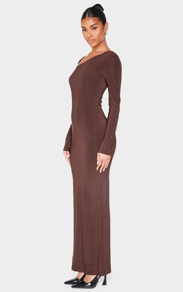 Chocolate Double Slinky Asymmetric Neck Line Long Sleeve Maxi Dress Product Image