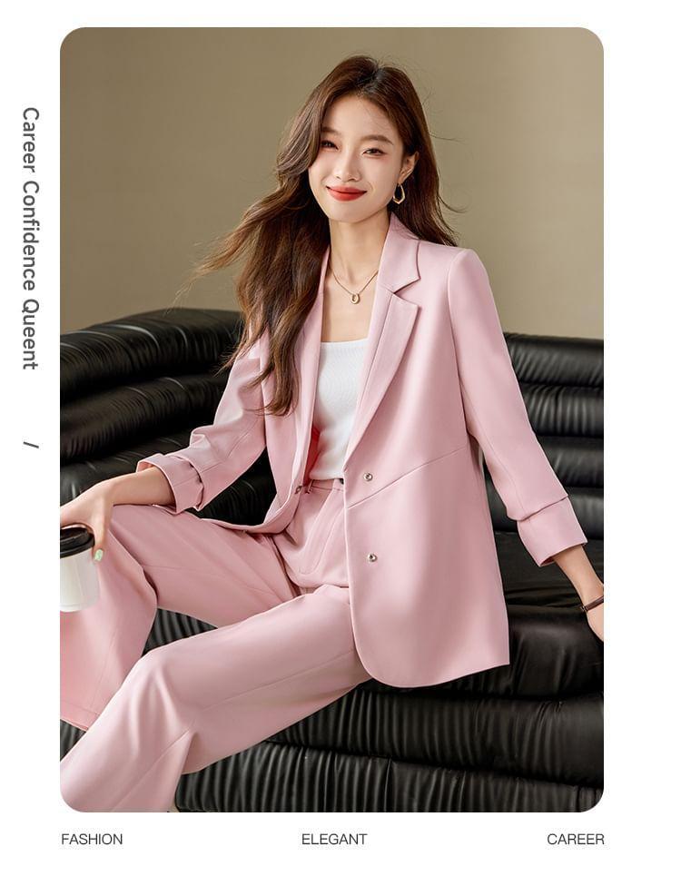 Lapel Collar Plain Single Breasted Blazer / Mid Rise Plain Wide Leg Slacks / Set Product Image