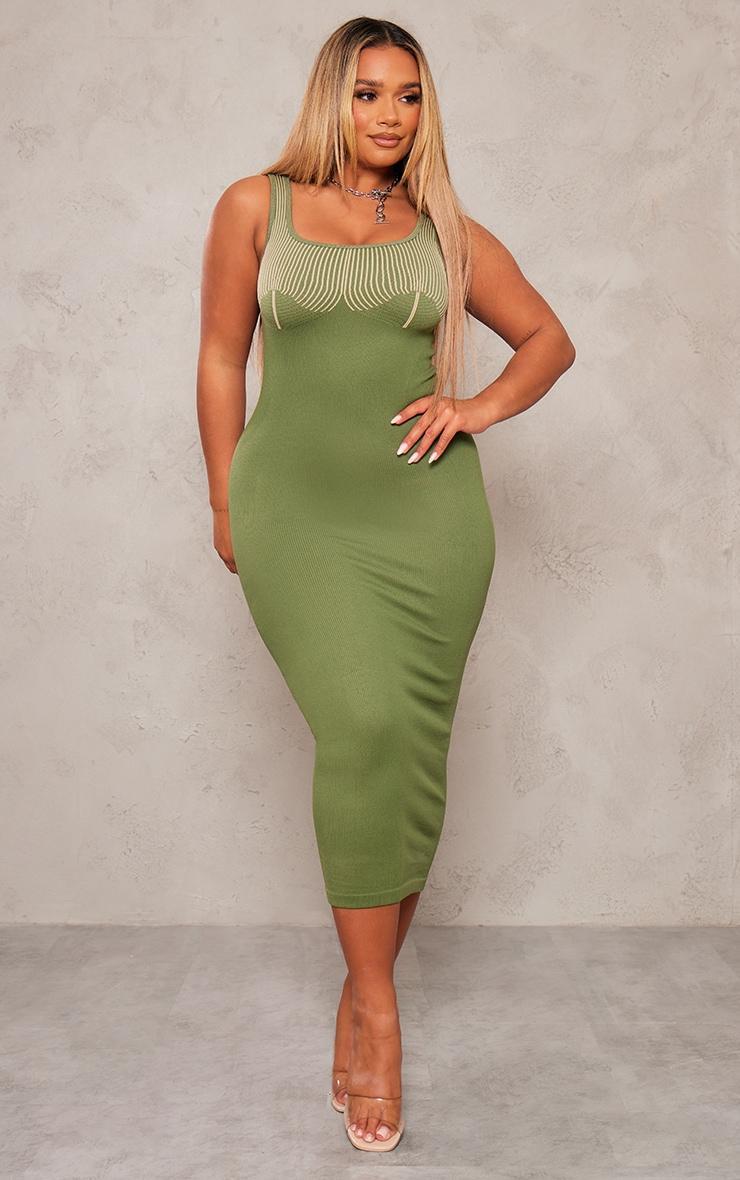 Shape Khaki Snatched Rib Contrast Midi Dress Product Image