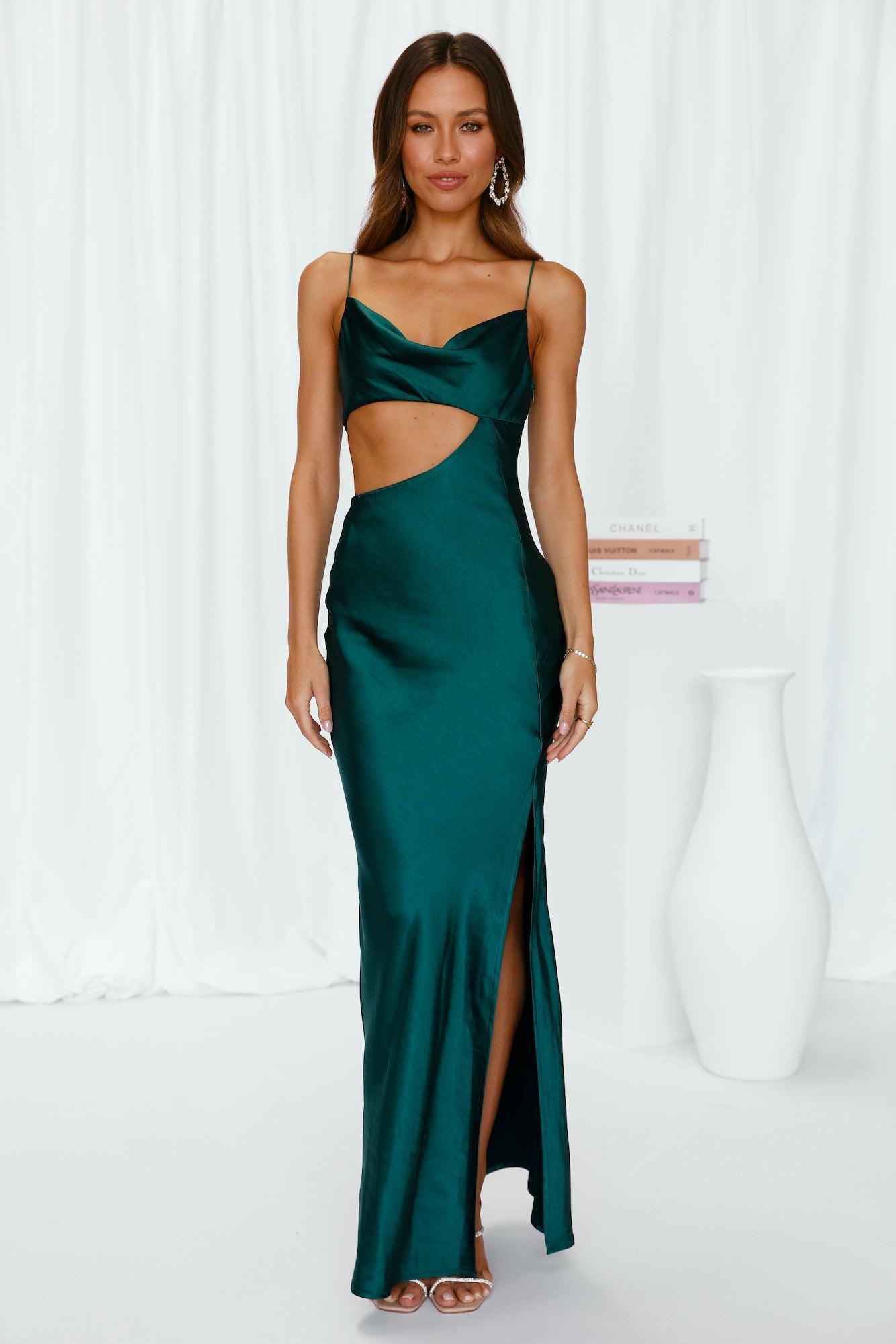 Oceanic Eyes Satin Maxi Dress Dark Green Product Image