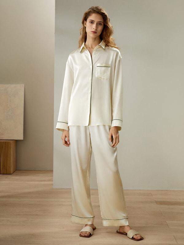 Contrast Piping Button-Up Full Length Pajama Set Product Image