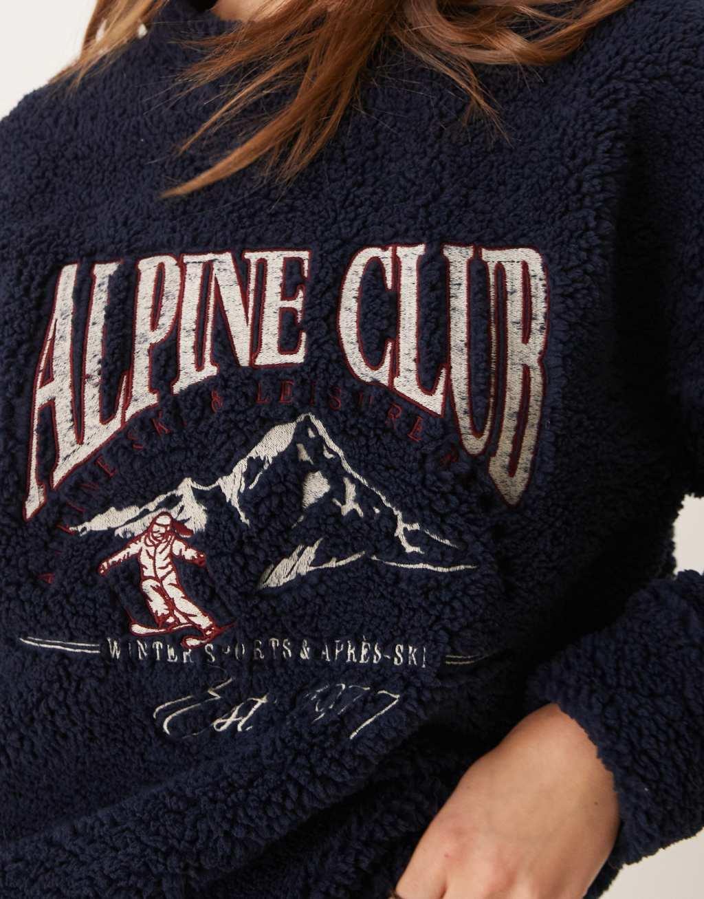 ASOS DESIGN ski club embroidered oversized teddy sweatshirt in navy Product Image