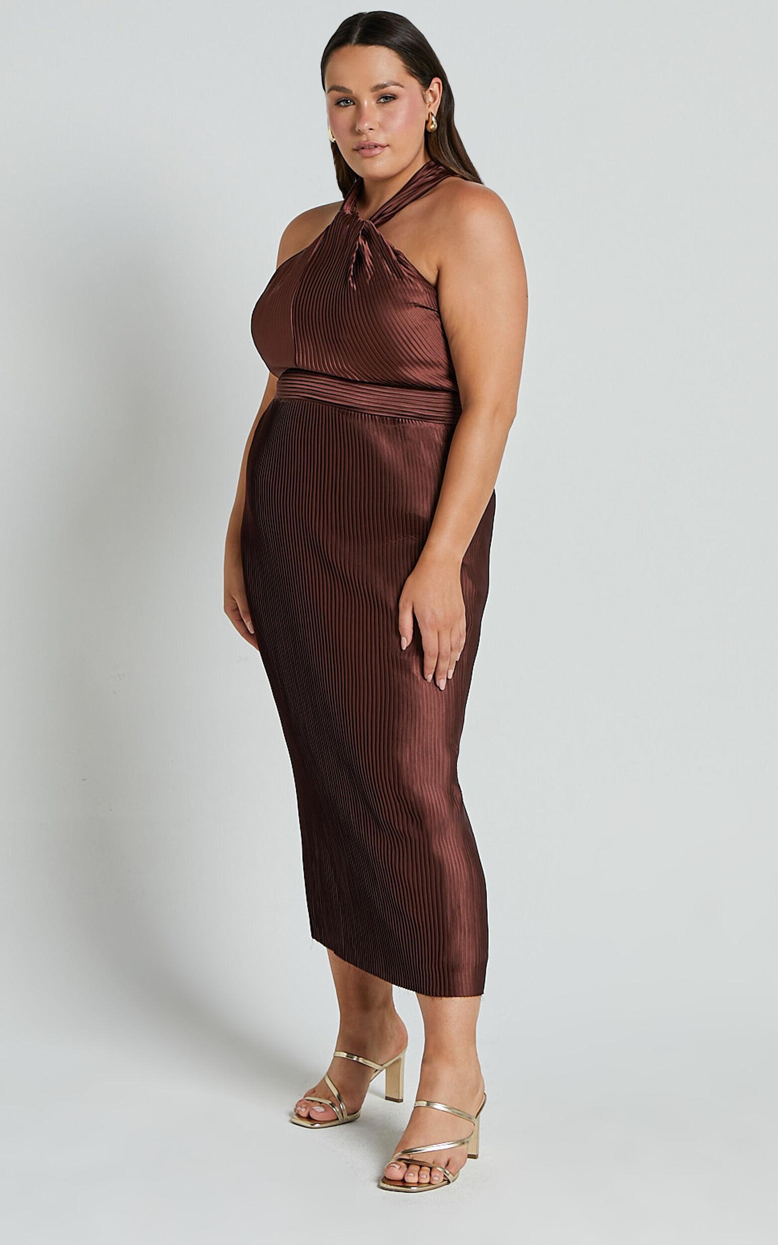 Marlette Midi Dress - Pleated Open Back Halter Dress in Chocolate Product Image