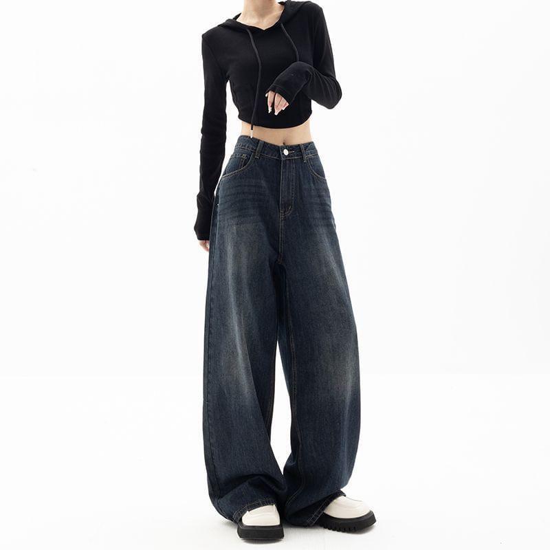 High Waist Washed Loose-Fit Wide-Leg Jeans product image