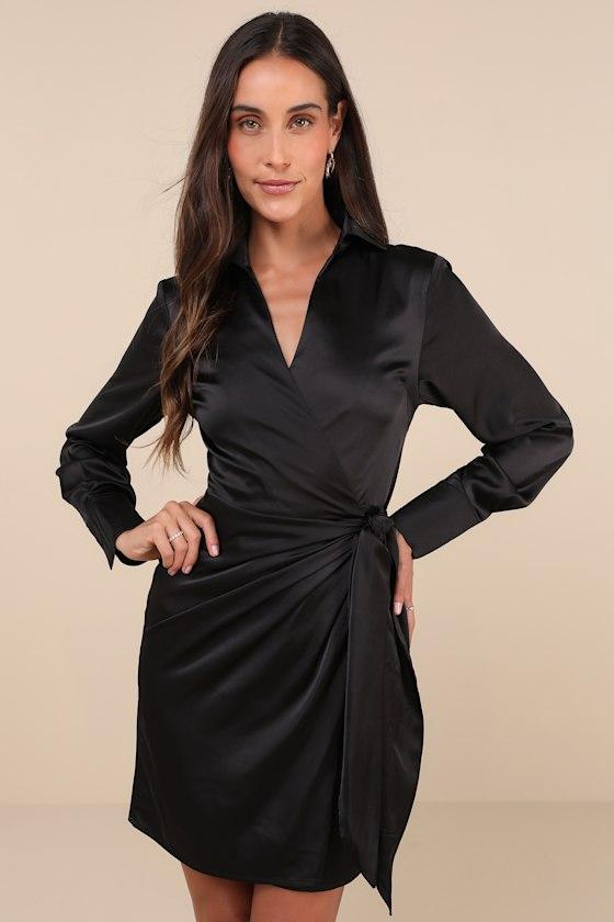 Painterly Perfection Black Satin Wrap Mini Dress Product Image