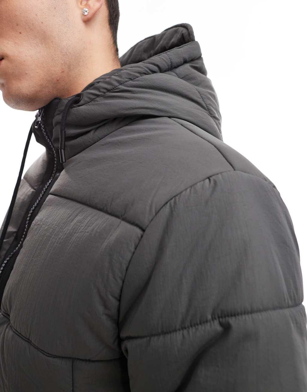 ASOS DESIGN nylon puffer jacket with contrast trims in gray Product Image