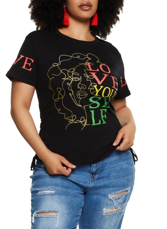 Womens Plus Size Rhinestone Love Yourself Laser Cut Graphic Tee Product Image