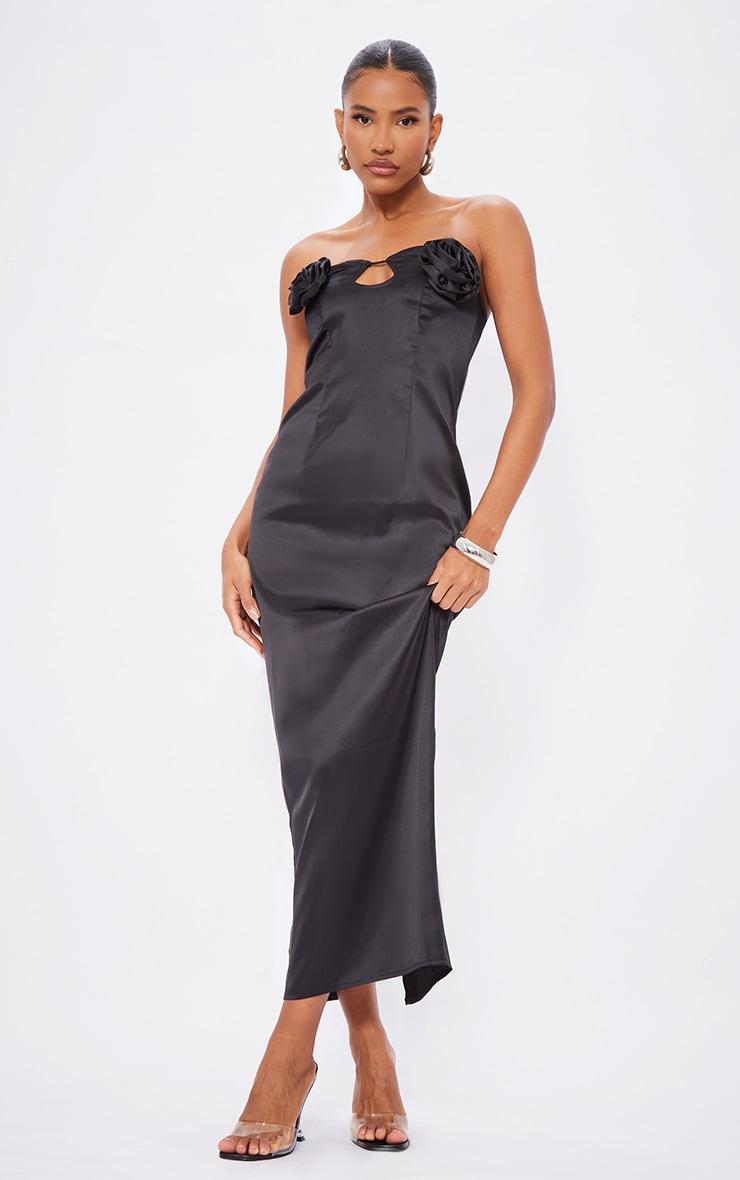 Black Satin Corsage Maxi Dress Product Image