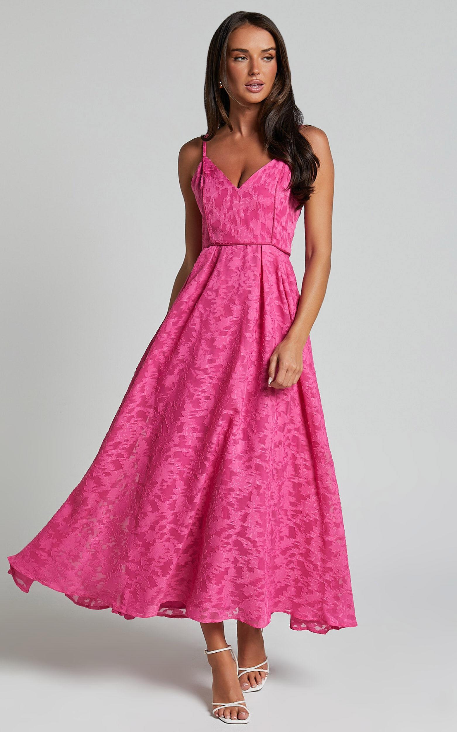 Philine Midi Dress - Jacquard Plunge Fit and Flare Dress in Pink product image