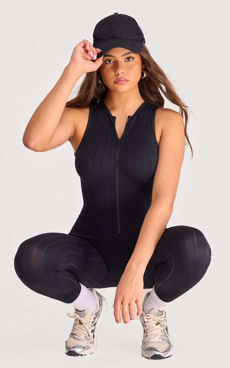 Black Structured Snatched Rib Racer Jumpsuit Product Image