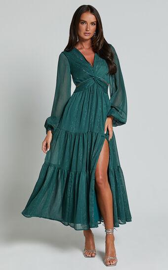 Edelyn Midi Dress - Cut Out Balloon Sleeve Tiered Dress in Emerald product image