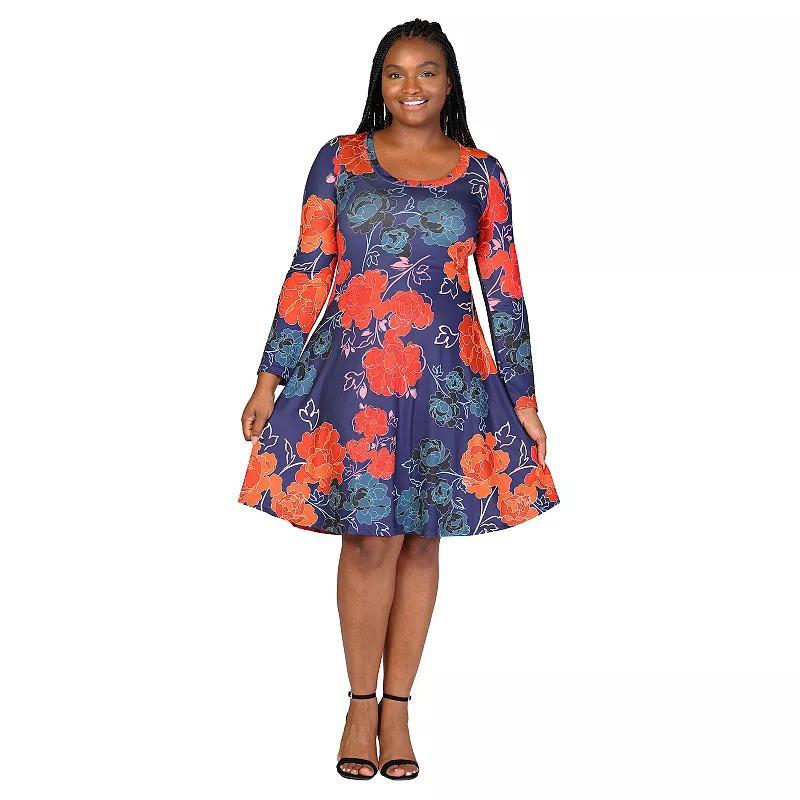 Plus Size 24Seven Comfort Apparel Navy Floral Print Long Sleeve Knee Length Dress, Womens Product Image