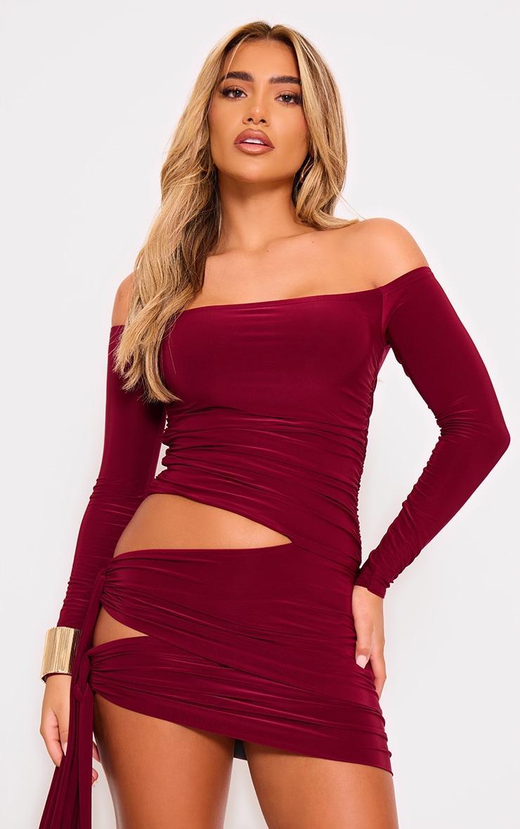 Burgundy Double Layer Long Sleeve Bardot Side Tie Mini Dress Product Image