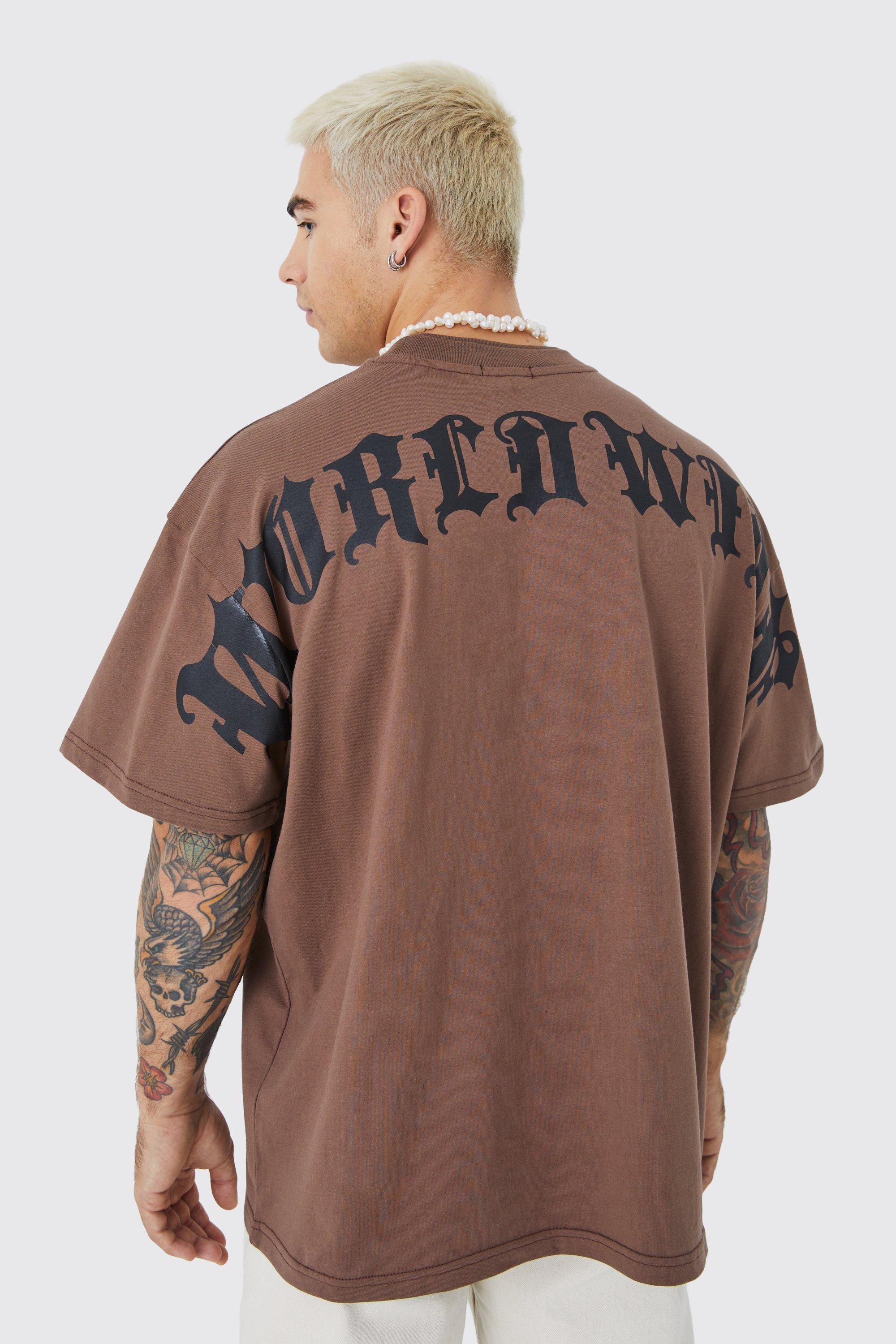 Mens Brown Oversize Heavy Large Text T-shirt, Brown Product Image