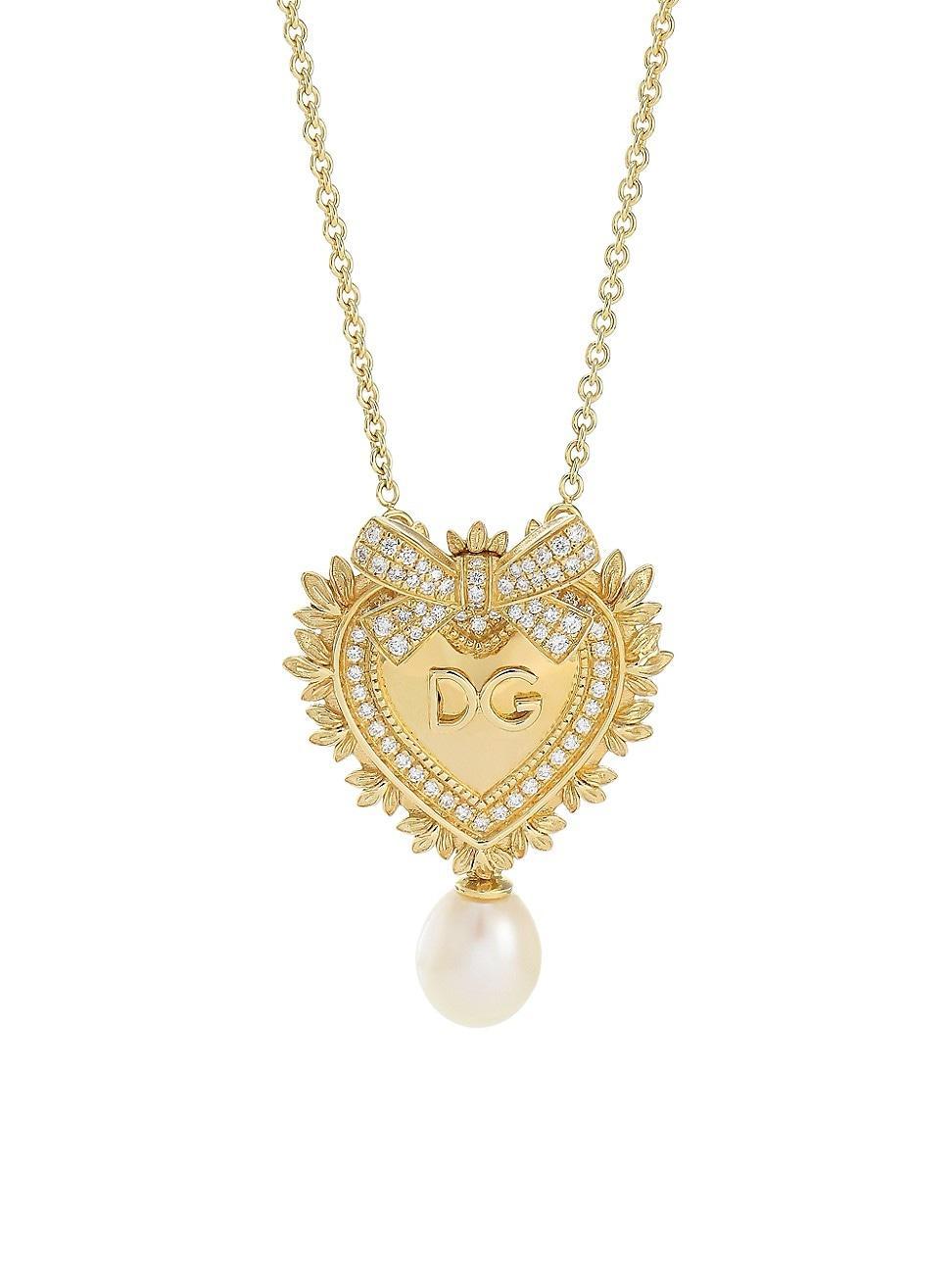 Womens 18K Yellow Gold 6MM Oval Freshwater Pearl & Diamond Sacred Heart Necklace Product Image