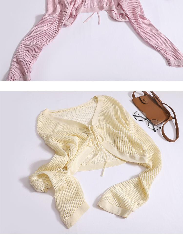 V-Neck Plain Pointelle Knit Crop Tie Front Cardigan Product Image