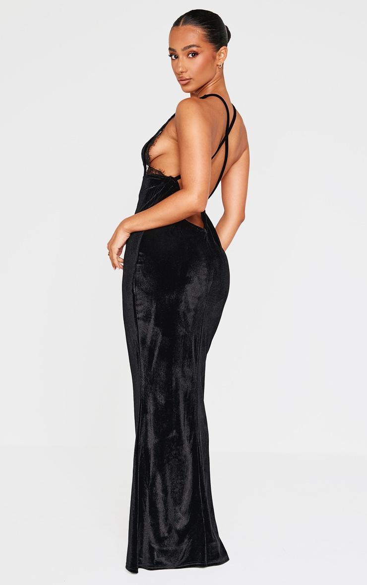 Petite Black Velvet Lace Detail Maxi Dress Product Image