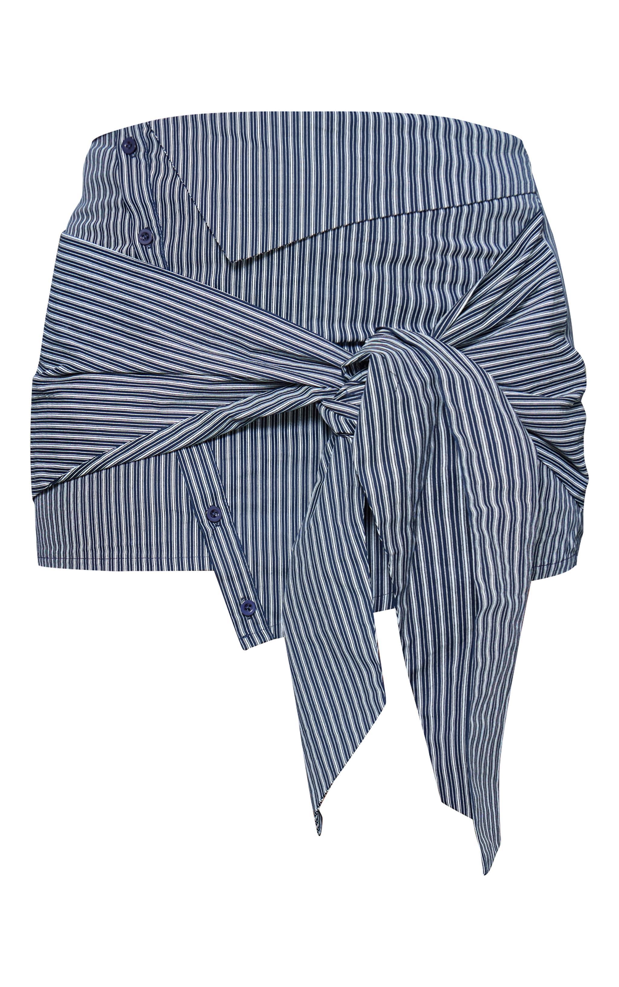 Navy Pinstripe Shirt Style Asymmetric Mini Skirt Product Image