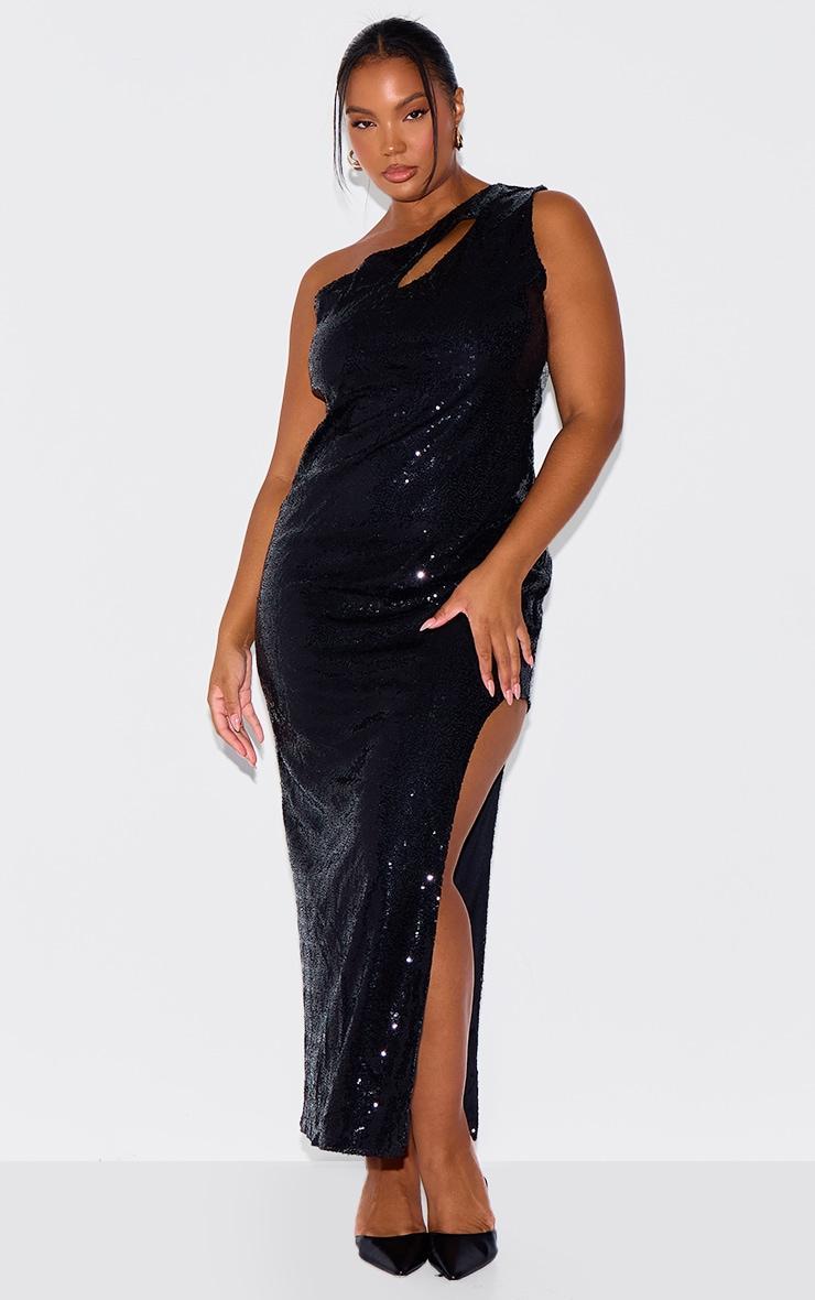 Plus Black Asymmetric High Split Sequin Maxi Dress Product Image