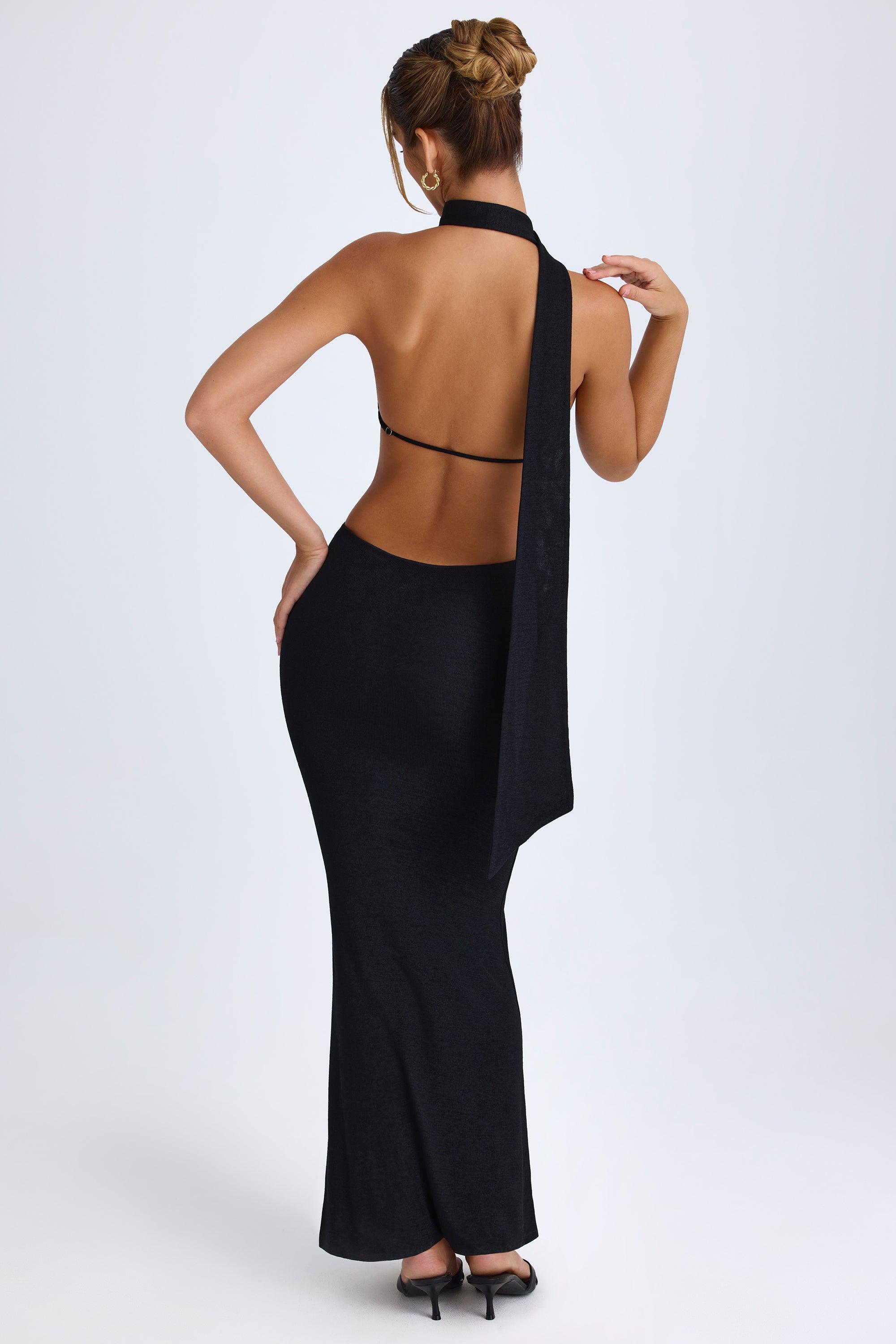 Scarf-Detail Cut-Out Halterneck Maxi Dress in Black Product Image