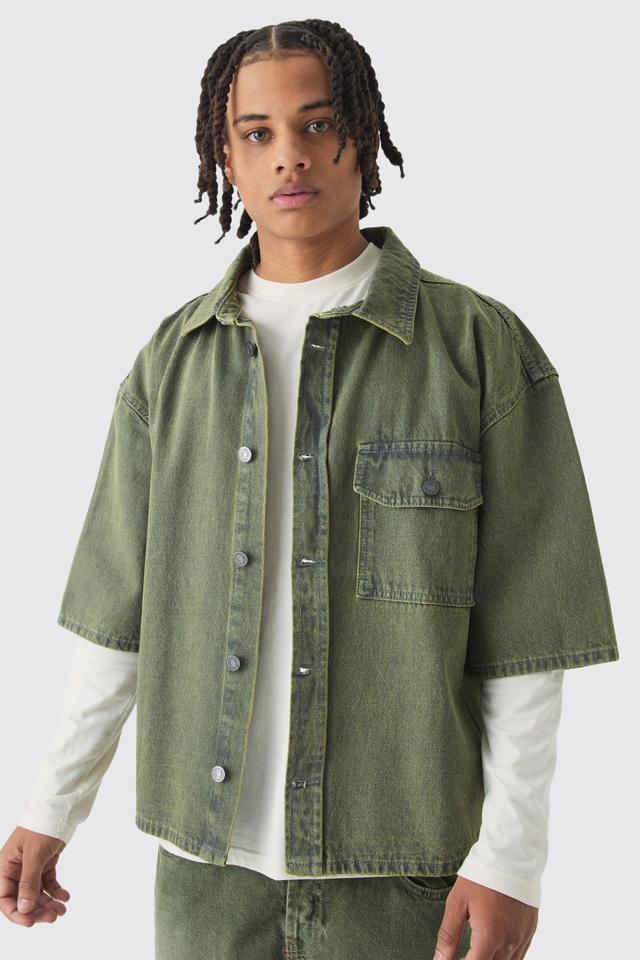 Oversized Boxy 3/4 Sleeve Denim Overshirt | boohooMAN USA Product Image