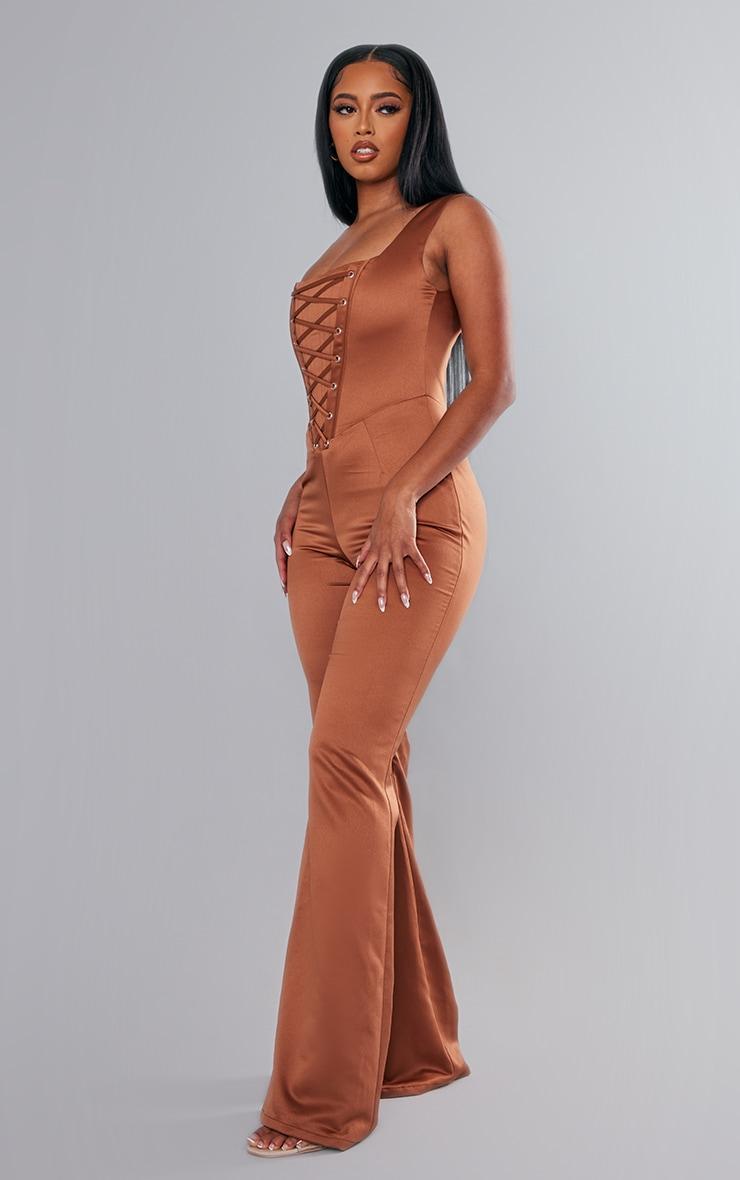 Rust Satin Lace Up Boned Strappy Wide Leg Jumpsuit Product Image