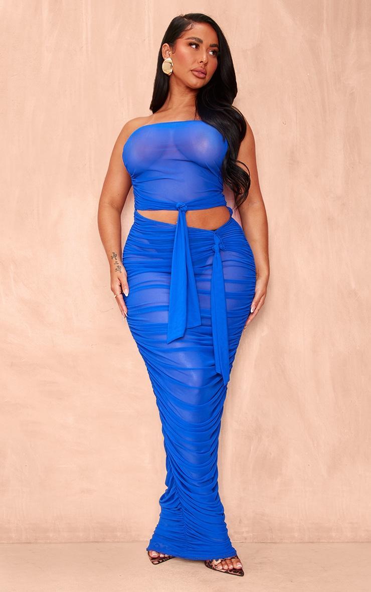 Shape Bright Blue Mesh Ruched Cut Out Maxi Dress Product Image