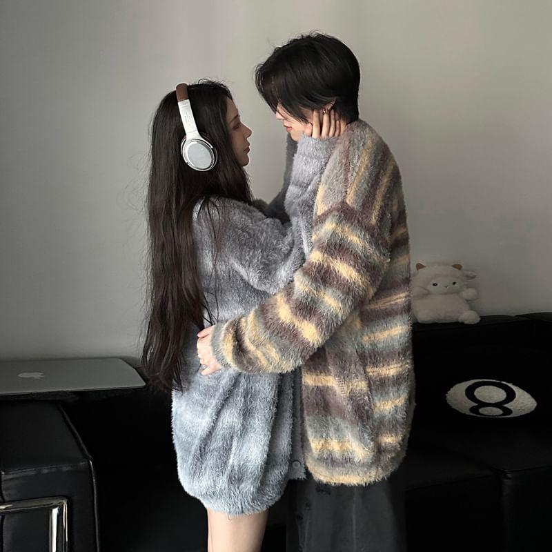 Couple Matching Crew Neck Striped Oversized Cardigan Product Image