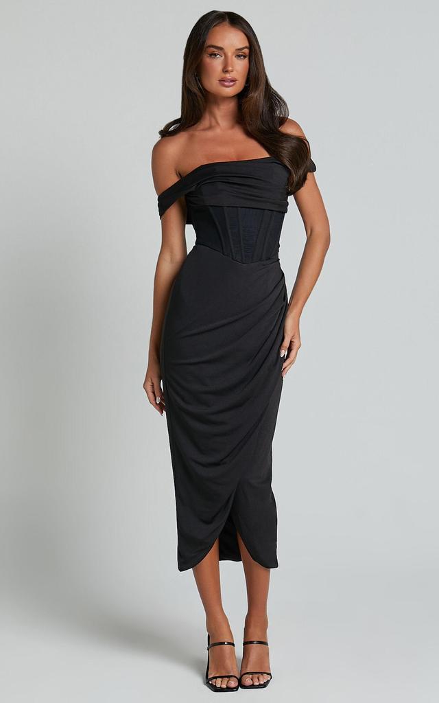 Aidia Midi Dress - One Shoulder Draped Corset Dress in Black Product Image