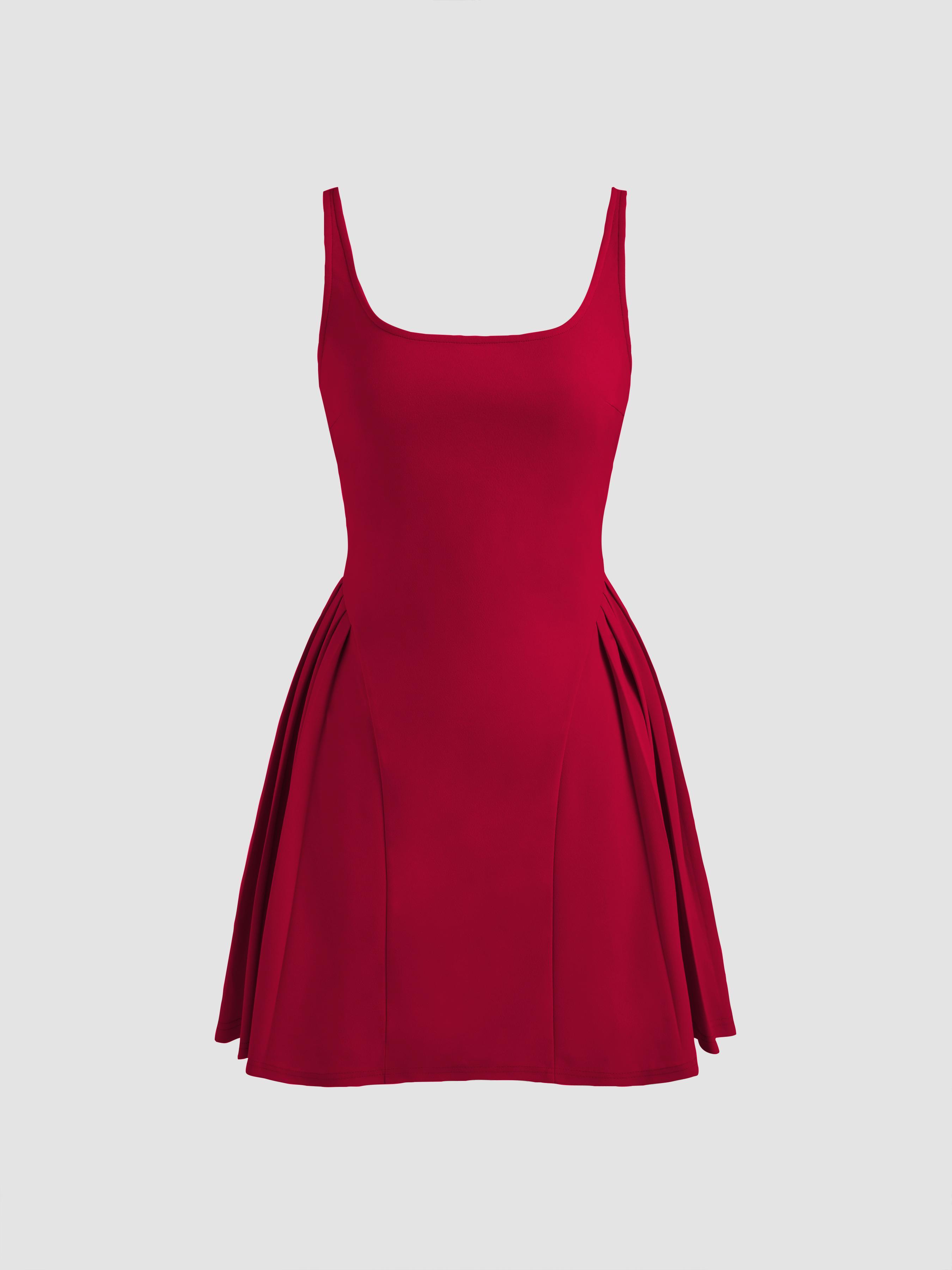 Square Neck Solid Pleated Cami Mini Dress Product Image