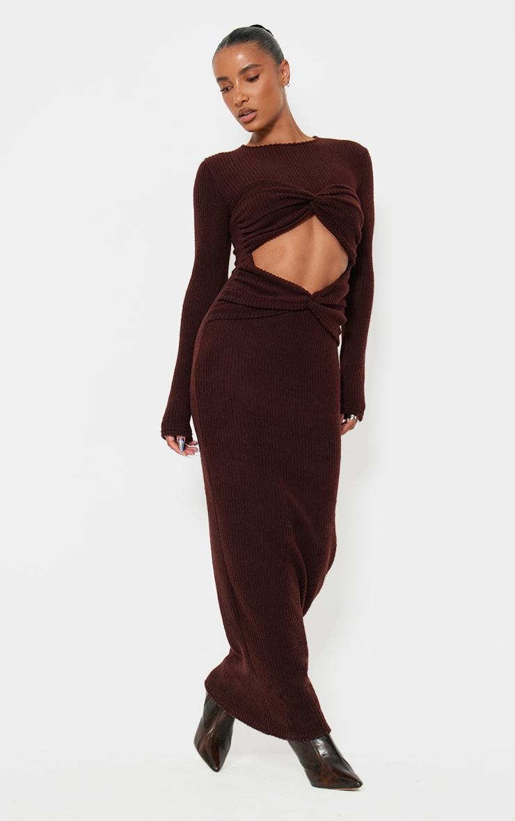 Chocolate Brushed Rib Cut Out Detail Maxi Dress Product Image