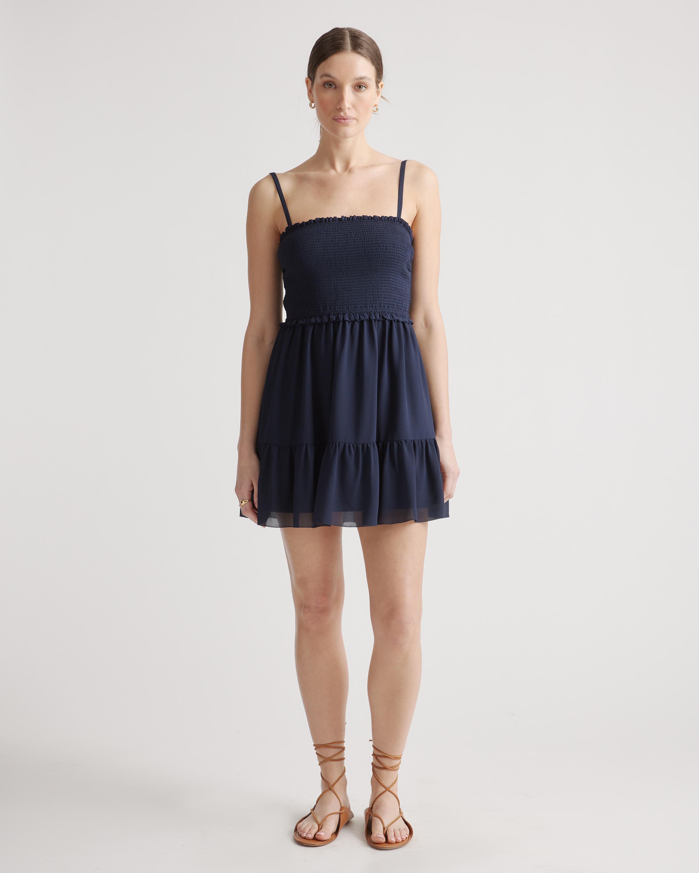 Womens Chiffon Smocked Sleeveless Mini Dress in Navy, Size Large, Recycled Polyester by Quince Product Image