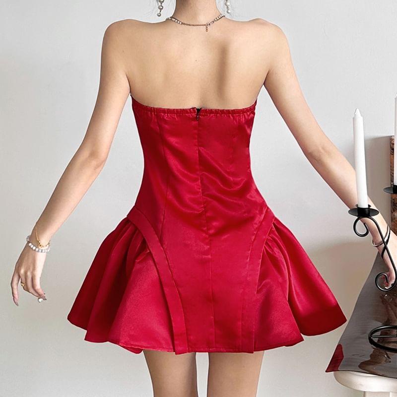 Bow Panel Satin Mini A-Line Tube Dress Product Image