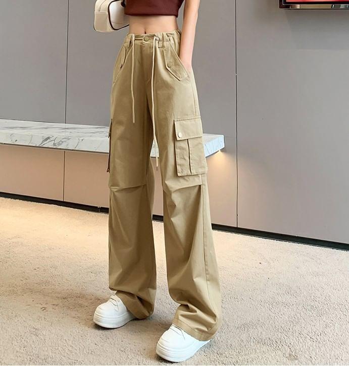 High-Rise Drawstring Straight Leg Cargo Pants Product Image